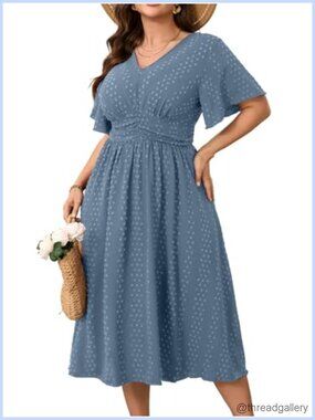 Plus Size Maxi Dress V Neck Short Sleeve Swiss Dot Swing Summer